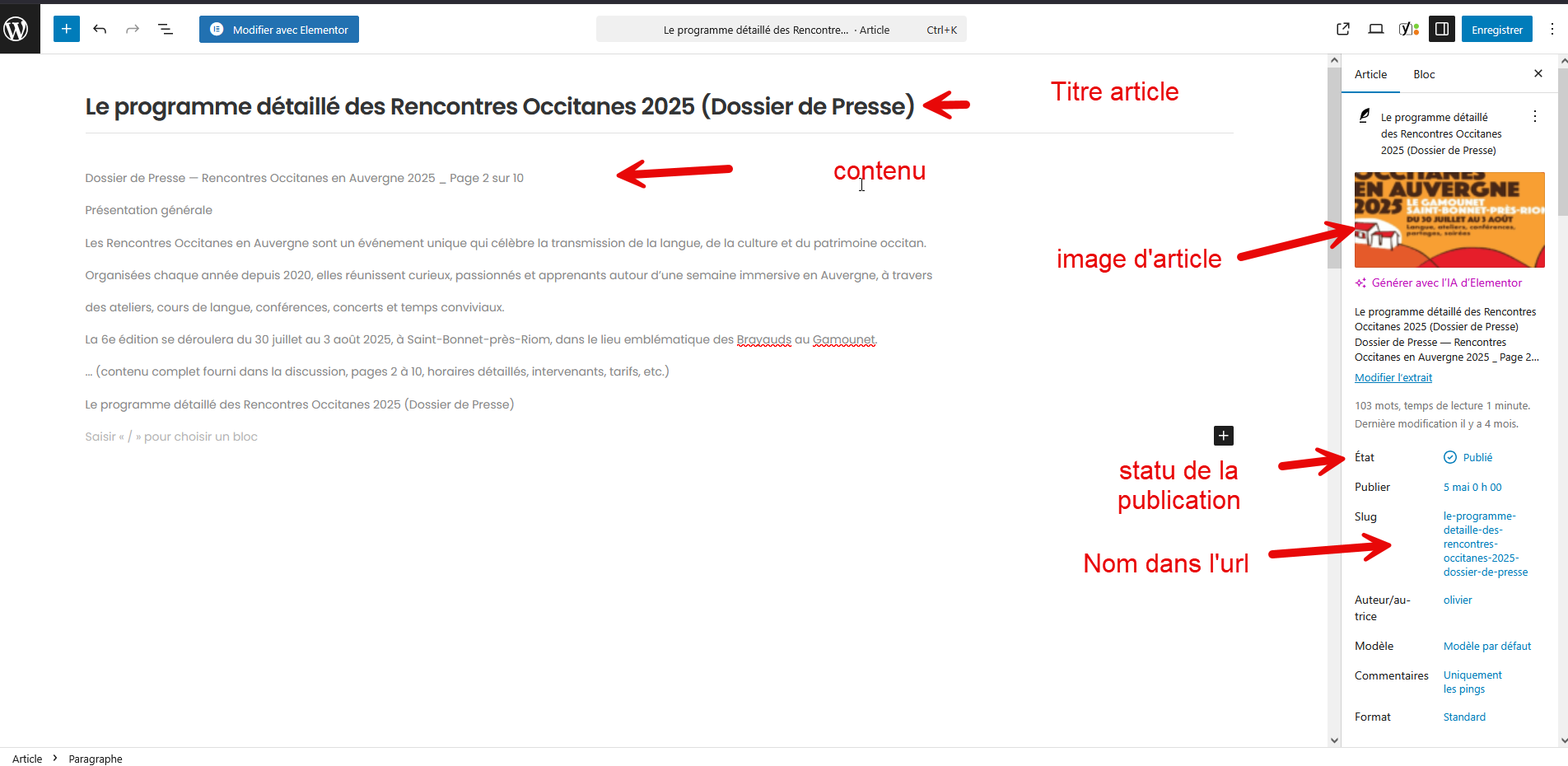 WordPress — Édition d’un article : zones clés