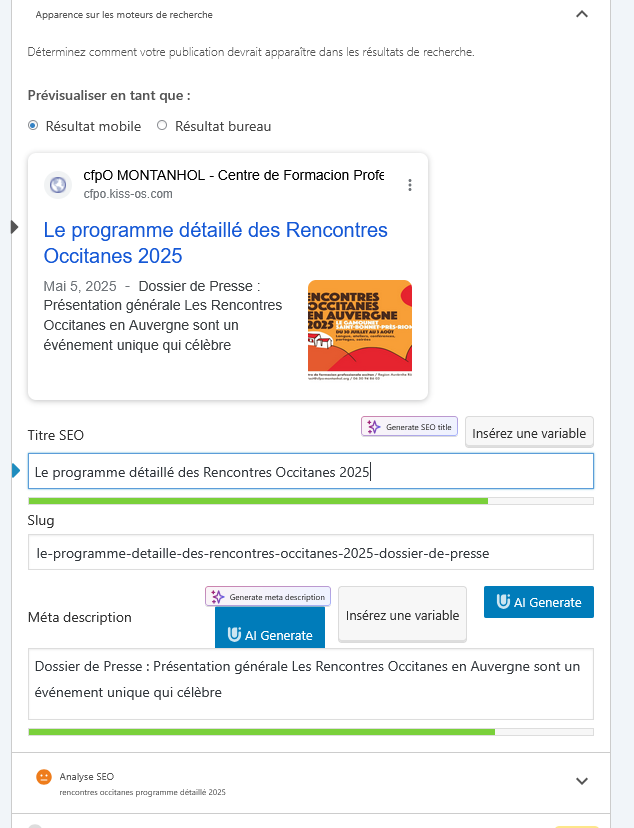 Yoast SEO — Aperçu résultat + Titre SEO, Slug, Meta description