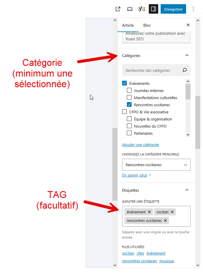 Catégories et Étiquettes — choisir la catégorie principale et 3–6 tags pertinents